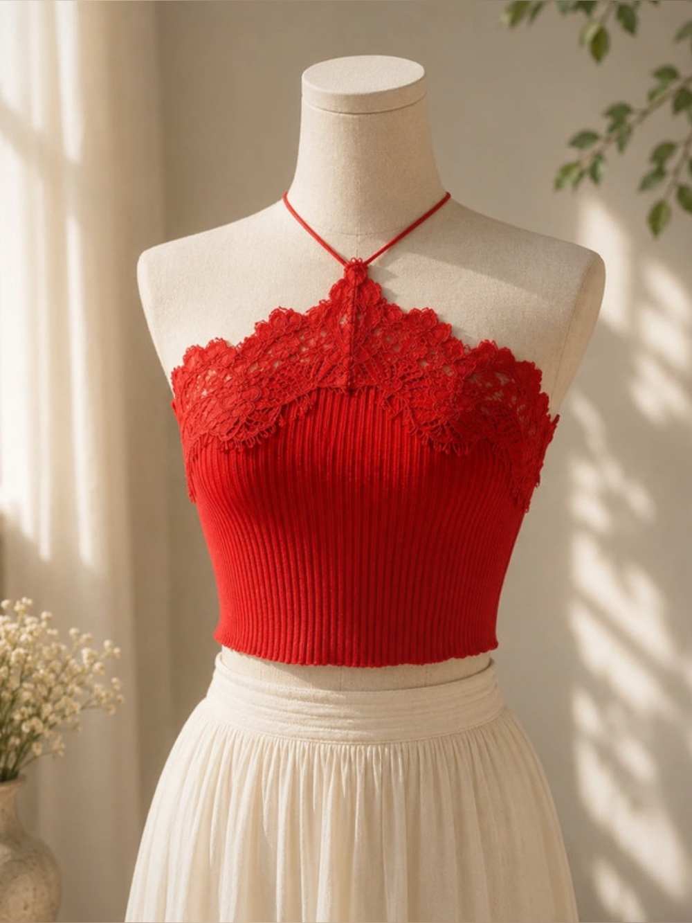 Zara Red Lace-Trim Ribbed Halter Crop Top